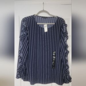 NWT Banana Republic navy & white striped blouse with ruffle sleeves